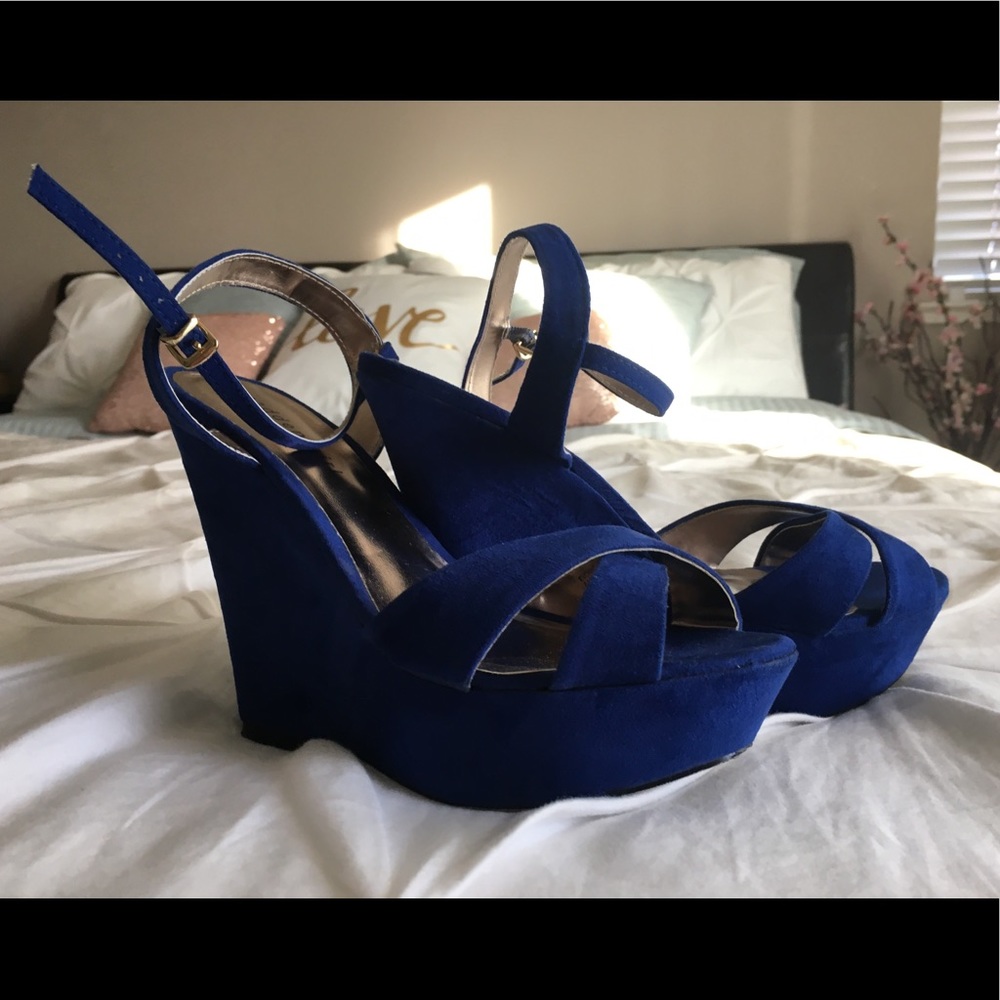 Blue Velvet Wedges